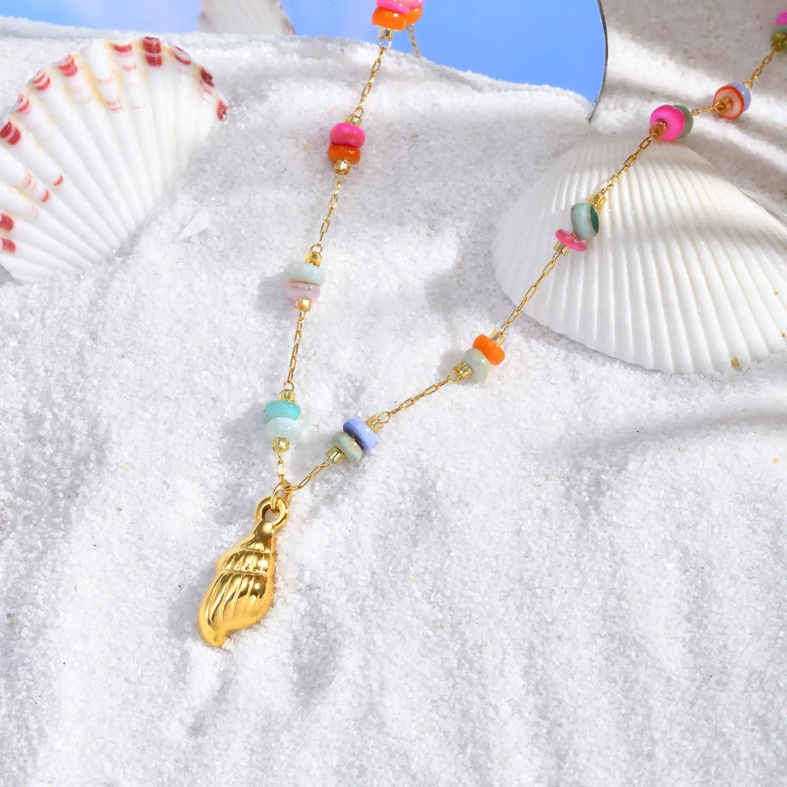 Color Bead Shell Pendant Necklace